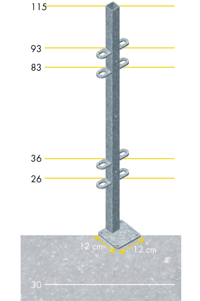 Panel mit 18 senkrechten Streben und zwei dreieckigen Kettenhalter auf der linken Seite, ein kleiner Bogen am unteren Ende auf beiden Seiten, schematische Skizze
