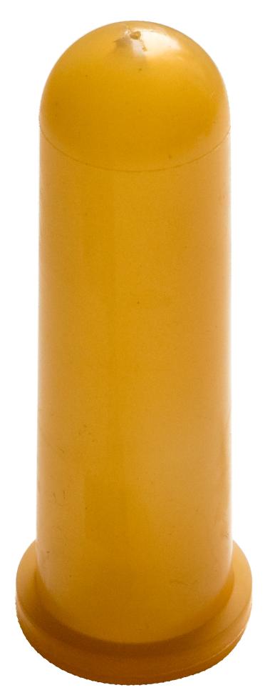 Ein hellbrauner Kälbersauger aus Latex, stehend auf ringartiger Erweiterung zur Fixation in Eimer mit Kreuzschlitz gegen oben, Frontansicht