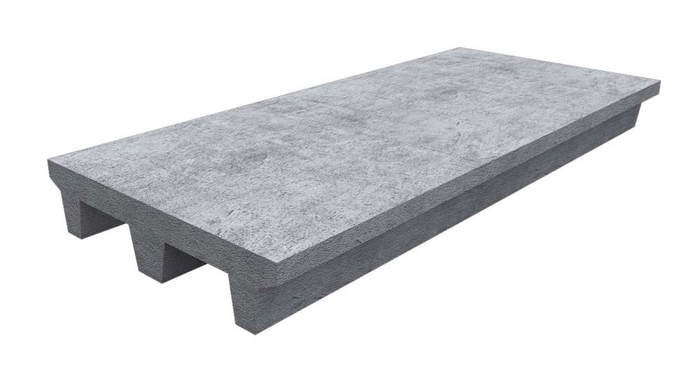 Eine schematische Darstellung einer länglichen, grauen Betonbodenplatte mit einem Meter Breite, zwanzig Zentimeter Höhe und zwischen 150 und 420 Zentimeter Länge, Masse beschriftet, mit drei längs ver