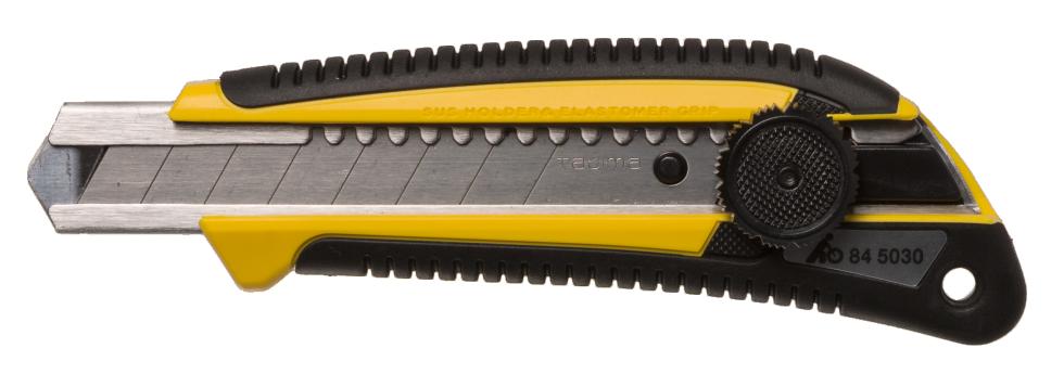 Gelbes Universalmesser mit abbrechbarer Klinge und geriffelter Gummierung auf der gewölbten Aussenkante, schwarzem Rad auf der rechten Seite zur Verschiebung und Fixierung der Klinge, seitliche Draufs