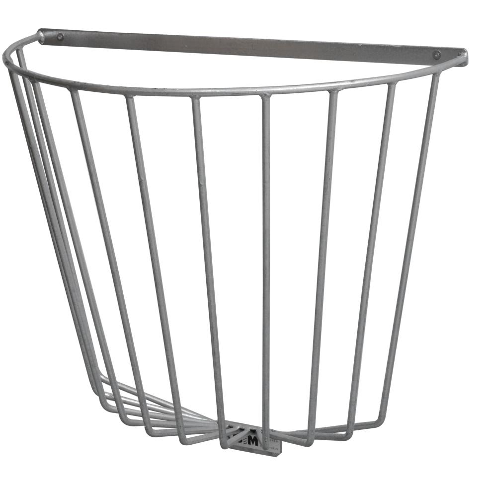 Eine verzinkte halbrunde Metall Heuraufe, elf senkrechte Metallstäbe, unten klein und oben breites Metallplättchen zur Wandmontage, Ansicht seitliche von vorne