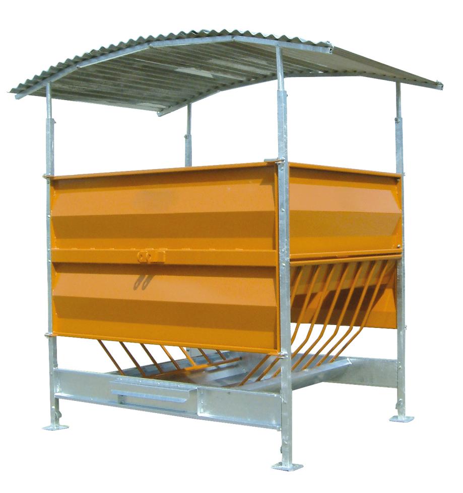 Ein Behandlungs- und Einfangstandstand mit Liegegitter und Schwenkachse, vorne zwei feste schwarze Räder, auf der Hinterseite ein schwarzes Brett