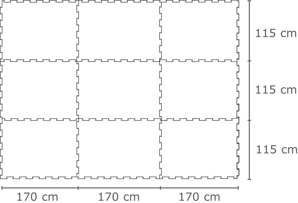 Puzzlematten, neun Stück, zusammengesteckt, schematische Darstellung mit Längenangaben