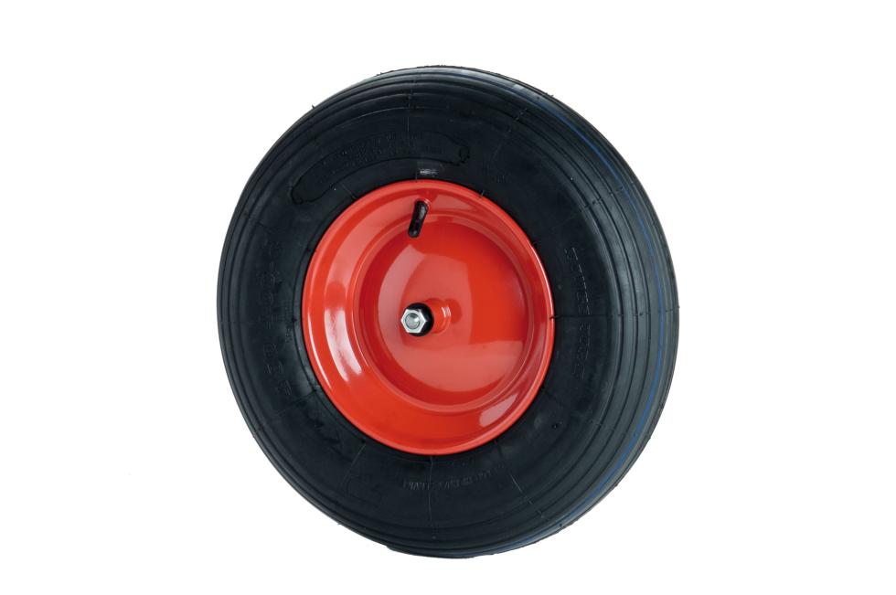 Ein Luftrad, schwarzer Pneu mit Rillen in Laufrichtung, Sechskant zentral in Felge, Felge rot lackiert, Draufsicht