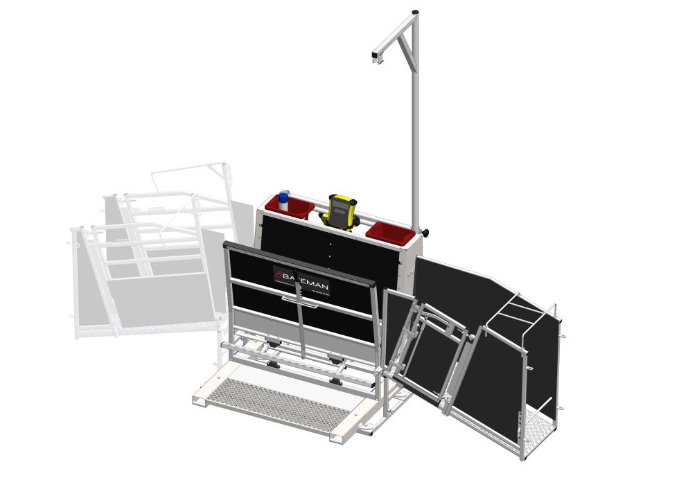 Ein Behandlungs- und Einfangstandstand mit Liegegitter und Schwenkachse, vorne zwei feste schwarze Räder, auf der Hinterseite ein schwarzes Brett