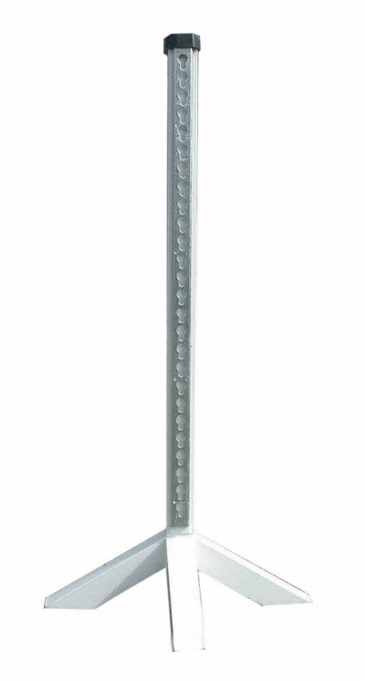 weisser Alusprungständer, Schlüssellochschiene vorne, mit übereinanderliegenden umgekehrt birnenförmigen Löchern, vier Füssen, Frontalansicht, schwarzer Abschlussdeckel