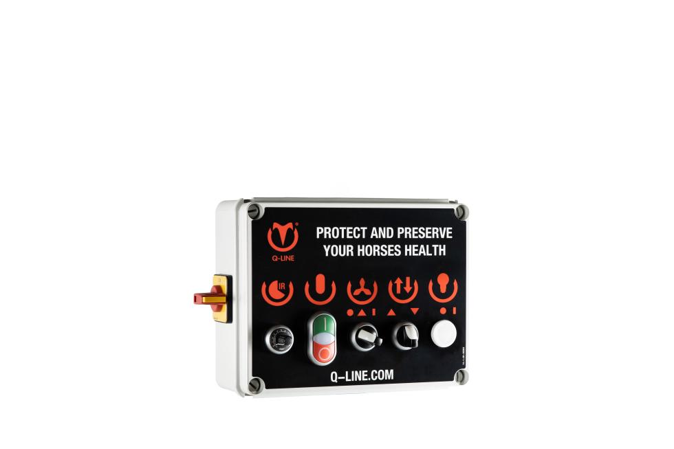 Ein hellgraues Kästchen mit drei ausgehenden Kabeln gegen oben, Aufschrift vorne und diversen Symbolen zu passenden fünf Steuerungsschalter, sowie kleineren Kabeln ausgehend nach links und nach unten 