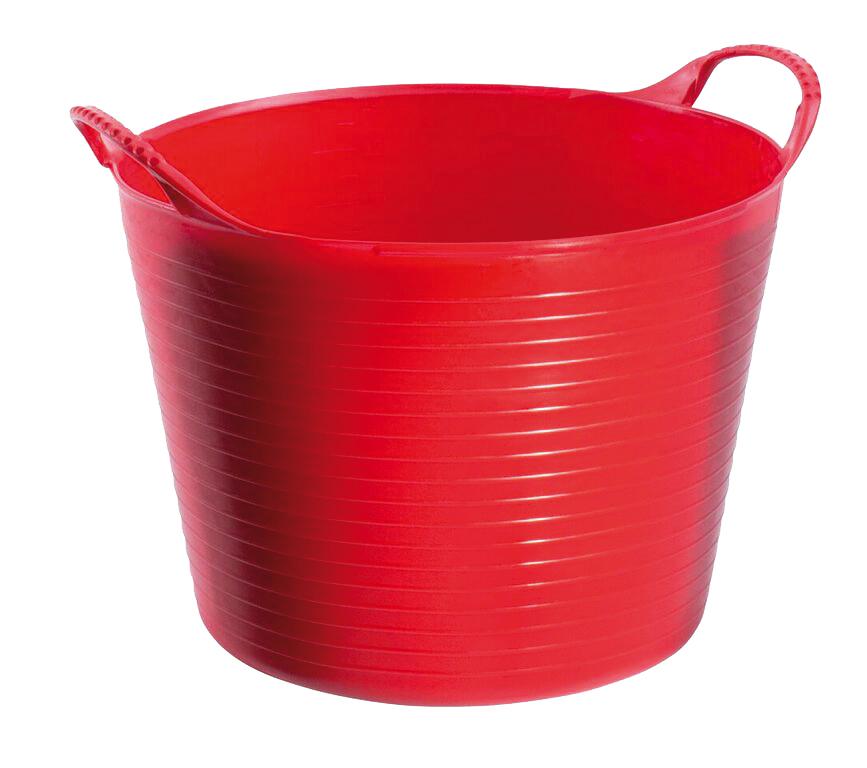 Ein runder, elastischer Futter- und Wassertrog mit zwei Tragegriffen, roter Kunststoff, Ansicht halbhoch