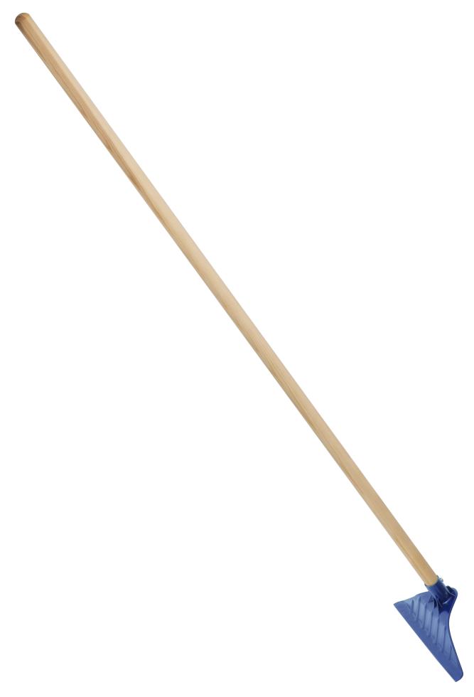 Ein grüner, nahezu dreieckiger Kunststoffschlammschieber, leicht gebogen und auf die lange Unterseite gestellt, in der Spitze befindet sich eine Hülse, in welcher der Holzstiel angebracht ist