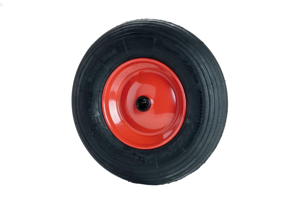 Ein Luftrad, schwarzer Pneu mit Rillen in Laufrichtung, schwarzer Abdeckung über Achse, Felge rot lackiert, Draufsicht