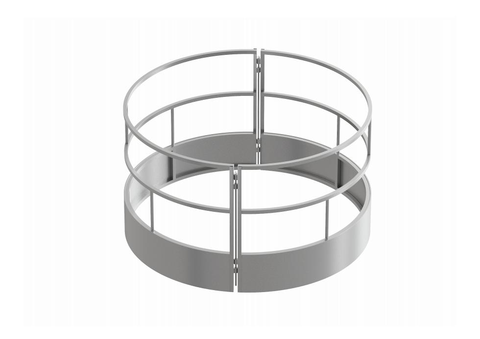 Rundraufe mit Blech an der unteren Seite und einem Metallrohrreifen an der oberen Kante, verbunden mit senkrechten Stangen und einem zusätzlichen waagerechten Reifen, gefüllt mit Heu und einem fressen