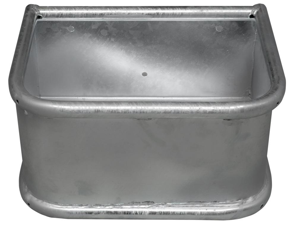 Ein rechteckiger Pferdetrog, verzinkt, oben und unten umlaufender Rohrrahmen, vordere beiden senkrechten Kanten abgerundet, mit Auslaufstopfen, Ansicht von vorne, halbhoch