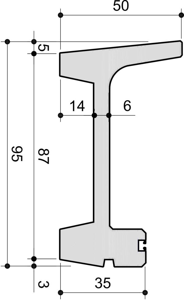 Querschnitt schematisch einer Elementkrippe resultierend in einem grauen H-Profil, mit Längenangaben
