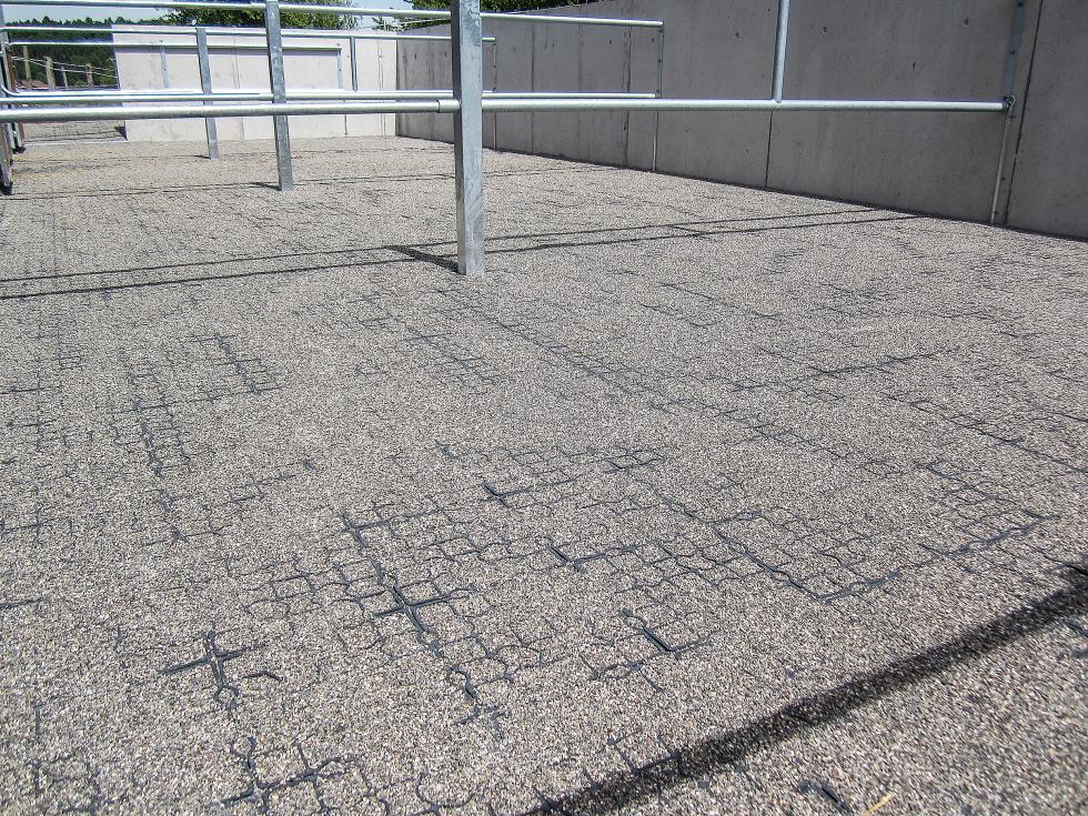 Boden bedeckt mitgrauen Kunststoffecoraster, untereinander verbunden mit Zäpfchen, bedeckt und gefüllt mit Kies auf einem Vorplatz an Weide angrenzend