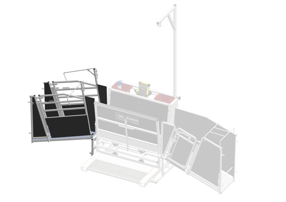 Ein Behandlungs- und Einfangstandstand mit Liegegitter und Schwenkachse, vorne zwei feste schwarze Räder, auf der Hinterseite ein schwarzes Brett