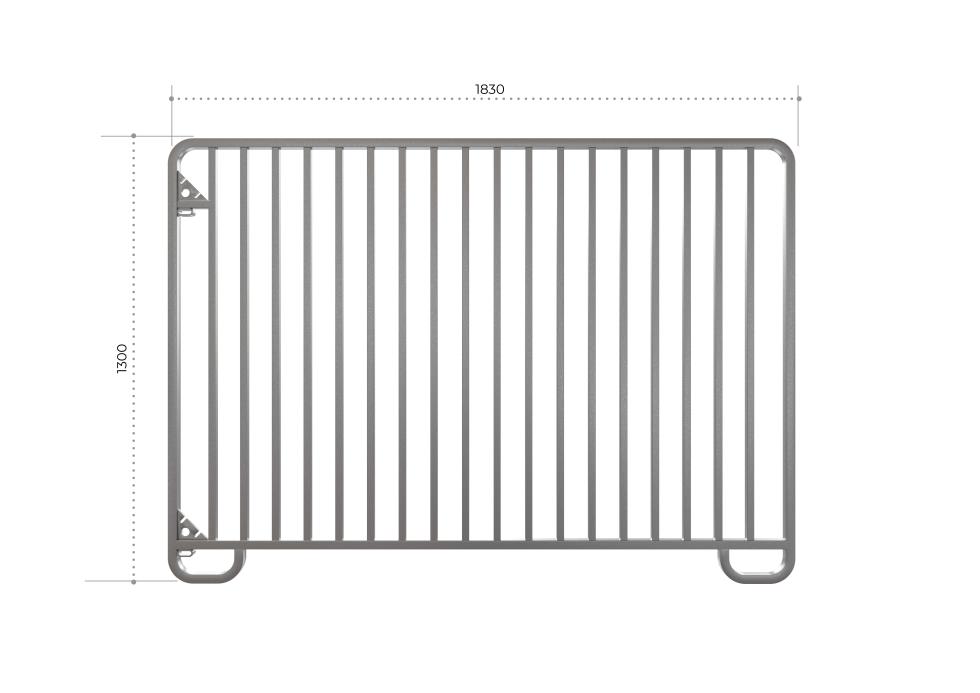 Panel mit 18 senkrechten Streben und zwei dreieckigen Kettenhalter auf der linken Seite, ein kleiner Bogen am unteren Ende auf beiden Seiten, schematische Skizze