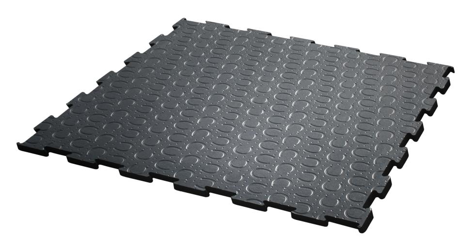 Ein komplettes, quadratisches Stück einer schwarzen Puzzlematte aus Gummi mit Hufeisenprofil, Draufsicht