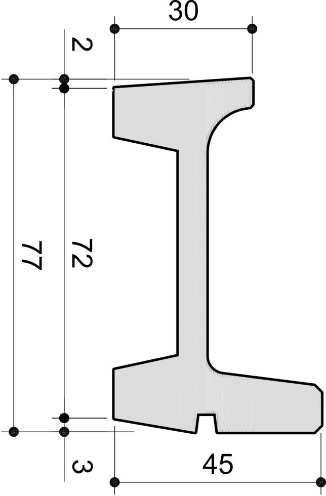Querschnitt schematisch einer Elementkrippe resultierend in einem grauen H-Profil, mit Längenangaben