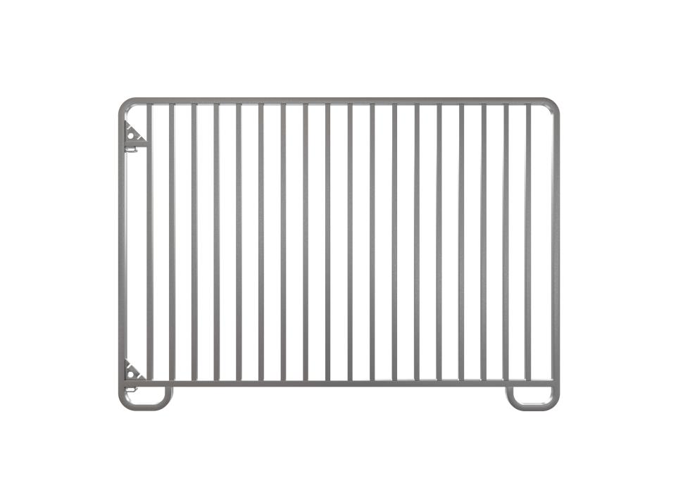 Panel mit 18 senkrechten Streben und zwei dreieckigen Kettenhalter auf der linken Seite, ein kleiner Bogen am unteren Ende auf beiden Seiten, schematische Skizze