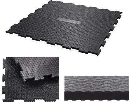 Drei verschiedene Bilder in welchem im obersten ein komplettes quadratisches Puzzlestück einer schwarzen Gummimatte, mit Rautenprofil, in der Draufsicht zu sehen ist, im unteren Linken, die übereinand