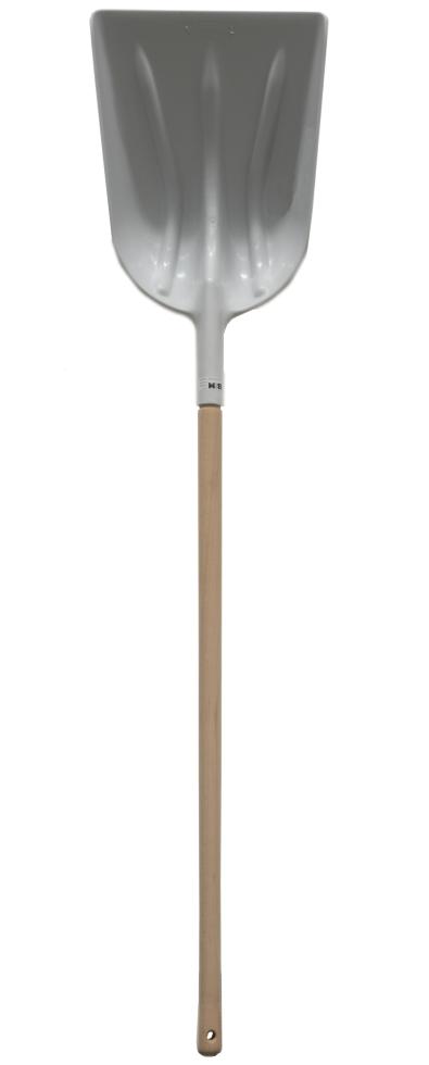 Eine Futterschaufel aus hellgrauem Kunststoff mit Holzstiel, Schaufel zeigt senkrecht nach oben, Draufsicht