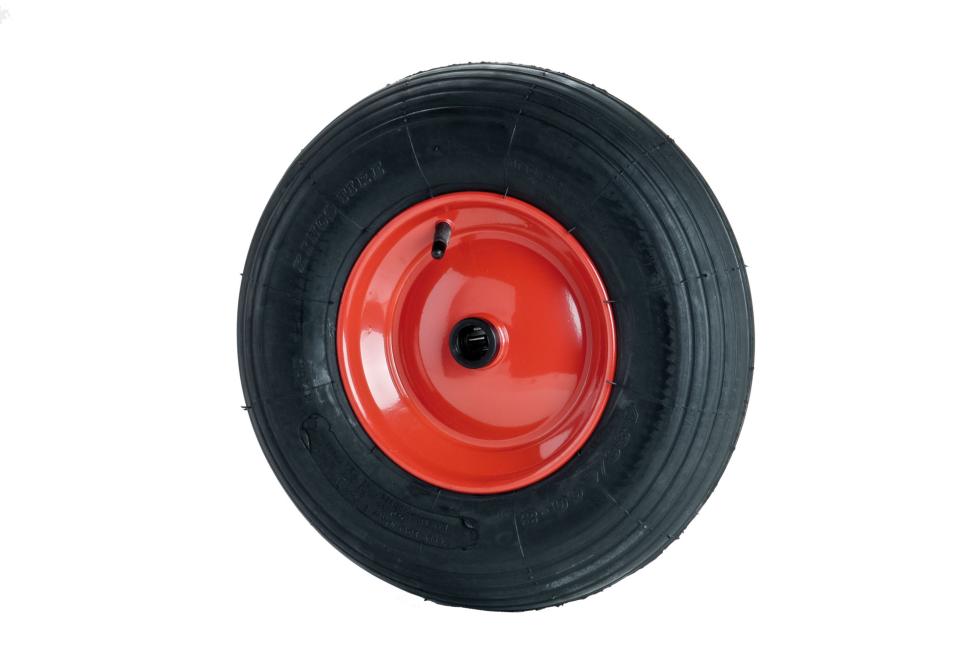 Ein Luftrad, schwarzer Pneu mit Rillen in Laufrichtung, schwarzer Abdeckung über Achse, Felge rot lackiert, Luftventil oben Mitte der Felge, Draufsicht